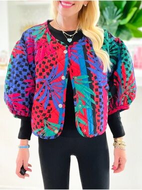 ODDY Women’s Puff Sleeve Quilted Tropical Rio Jacket Multicolor Trendy Puff